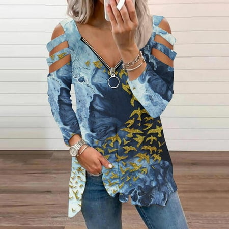 

Juebong Women s Floral V Neck Blouse Hollow Out Long Sleeve Loose Swing Top Shirt Plus Size Sweatshirts Spring Autumn Zip V-Neck Cute Print Shirt Pullover Top