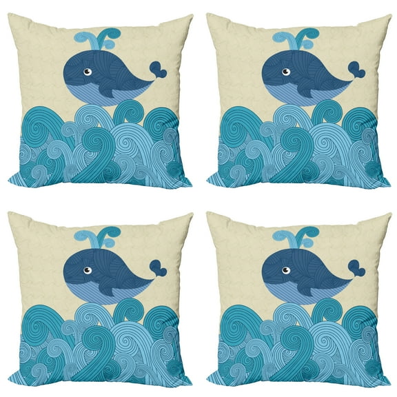 Ambesonne Cartoon Throw Pillow Cover 4 Pack, Smiling Whale and Lines, 18", Dark Blue Blue