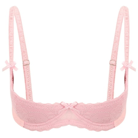 Aiihoo Women 1/4 Cup Lace Shelf Bra Balconette Underwired Demi Shelf Bra Sheer Bralette Pink 5XL