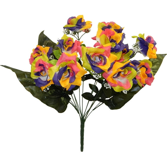 Green Purple Pink Yellow Multicolor Rose with Gypsophila 21in Artificial Polysilk Faux Fake Flower Bush for Craft Bouquet Arrangement Ceremony Wedding Arch Floral Wall Aisle Decor (Rainbow, Set of 3)