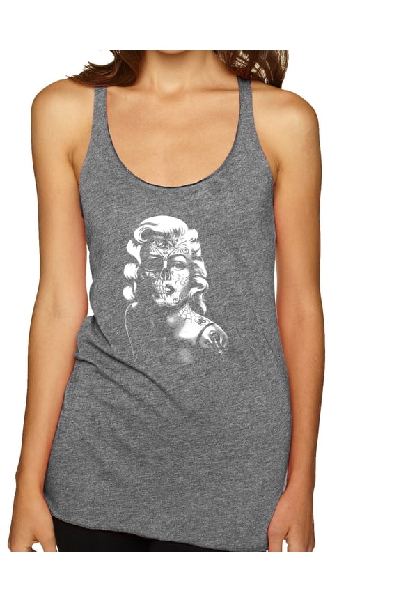 Manilyn Monroe Skull Face and Body Tattoo | Womens Pop Culture Premium Tri-Blend Racerback Tank Top, Premium Heather, Small