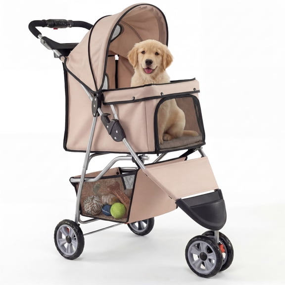 ELLEGNT 3-Wheel Pet Stroller up to 33 lbs – Foldable Dog Cat Travel Carrier with Breathable Mesh for Small Pets Beige
