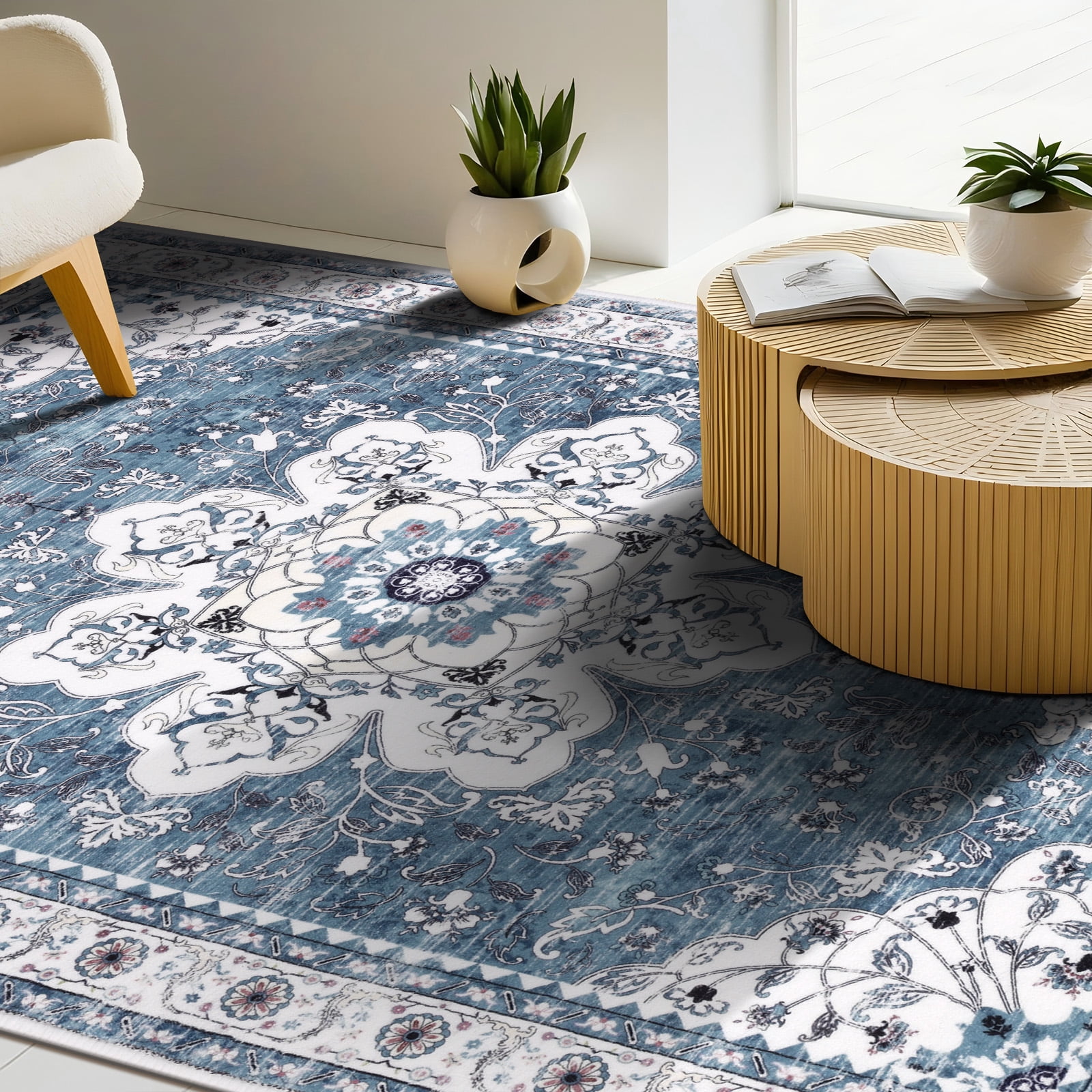 MeyJey Oriental Indoor Living Room Area Rug 5'x8', Non-Slip Machine Washable Vintage Floor Carpet for Bedroom Dining Kitchen Hallway Nursery, Blue