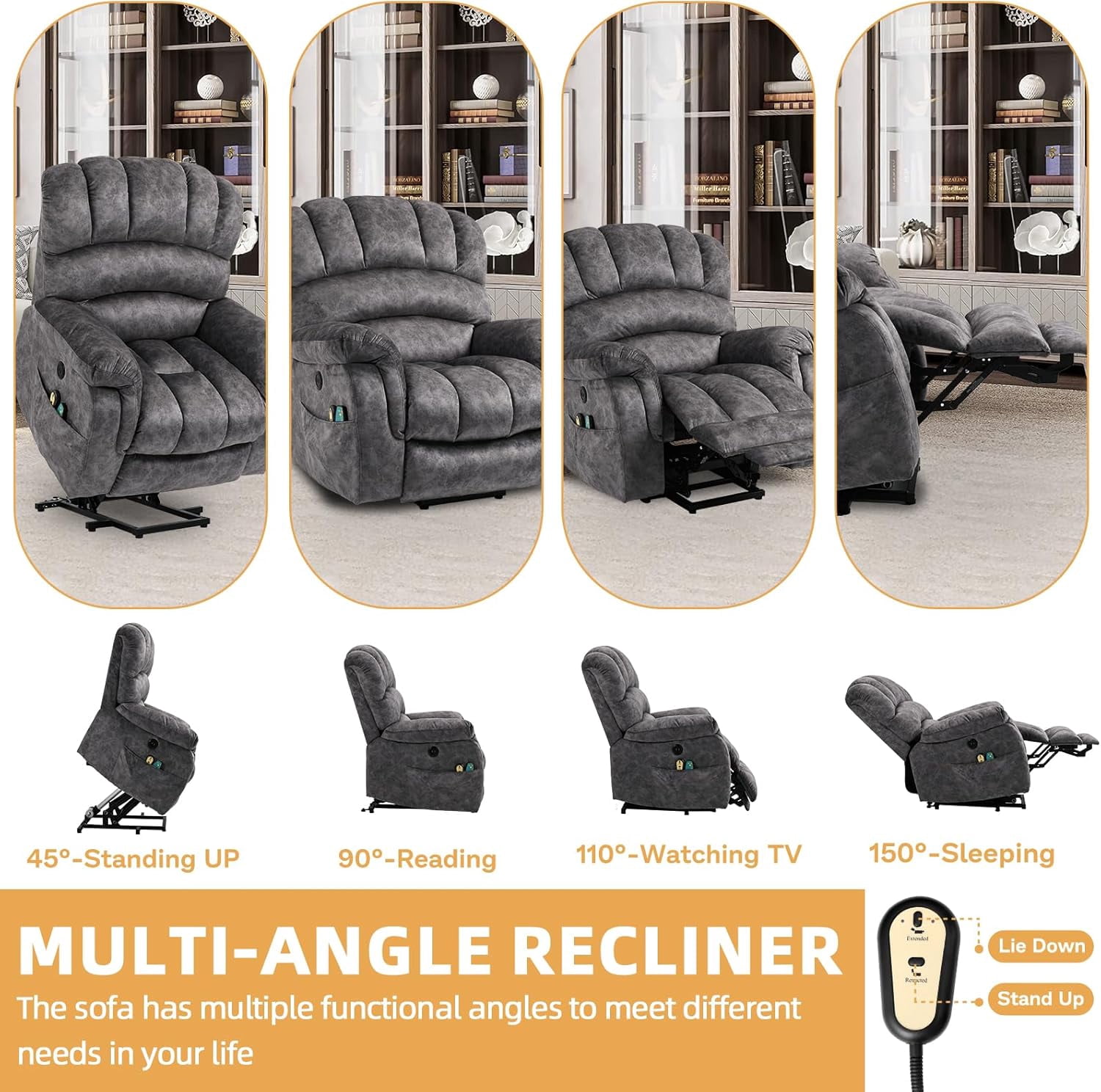 Large Electric Power Lift Chairs Recliners for Elderly Big Man with Massage and Heat, Oversized Wide Reclining Chairs for Living Room with Extended Footrest(Plush-Grey)