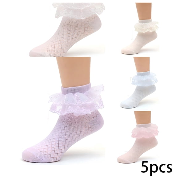 LYMAYTER 5 Pack Toddler Dress Socks Kids Girls Mesh Double Ruffle Socks‌ Soft Comfortable Socks 1-13Y