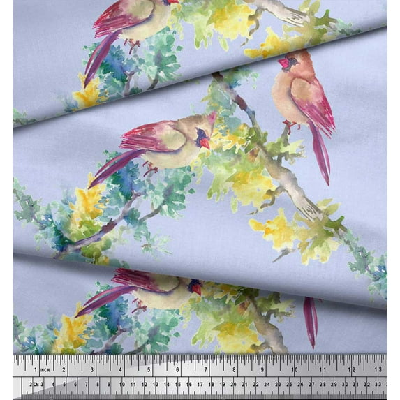 Soimoi Blue polyester Crepe Fabric Bulbul Bird Print Fabric by Yard 52 Inch Wide