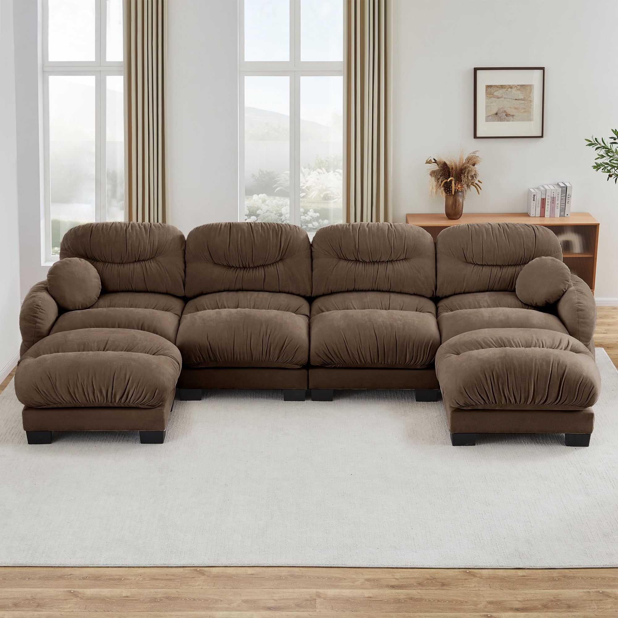 150" 4 Seater Sectional Couch Cozy Chenille U Shape Modular Sofa with 2 Ottoman and 2 Throw Pillows
