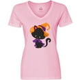 thumbnail image 3 of Inktastic Black Cat, Cat Wearing Witch Hat, Halloween Women's V-Neck T-Shirt, 3 of 5