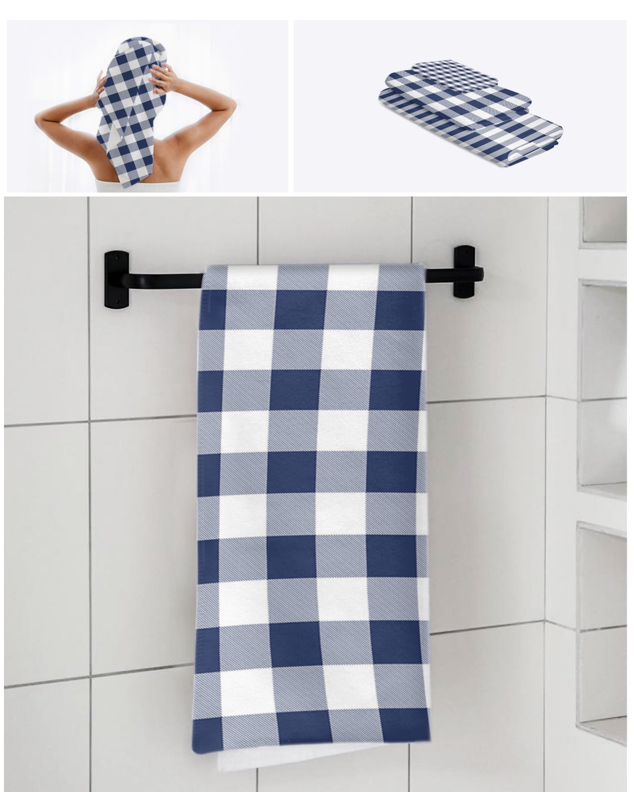 Navy Blue White Plaid Towel Set of 3, Soft Microfiber Bath Towels, Hand Towel, Washcloths, Farmhouse Checkered Buffalo Quick-Dry Absorbent Towels for Bathroom Kitchen Hotel Beach Gym Spa