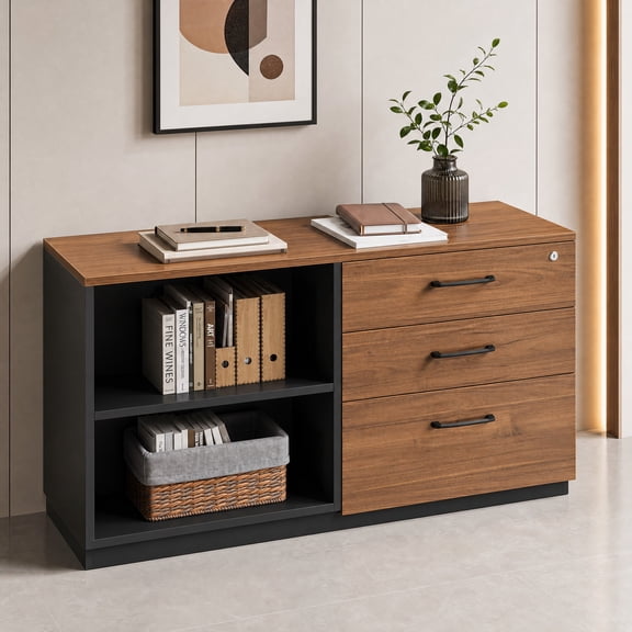 Fnova Modern File Cabinet with 3 Drawers, Lateral Filing Cabinet for Letter/Legal Documents for Home Office, Brown & Black