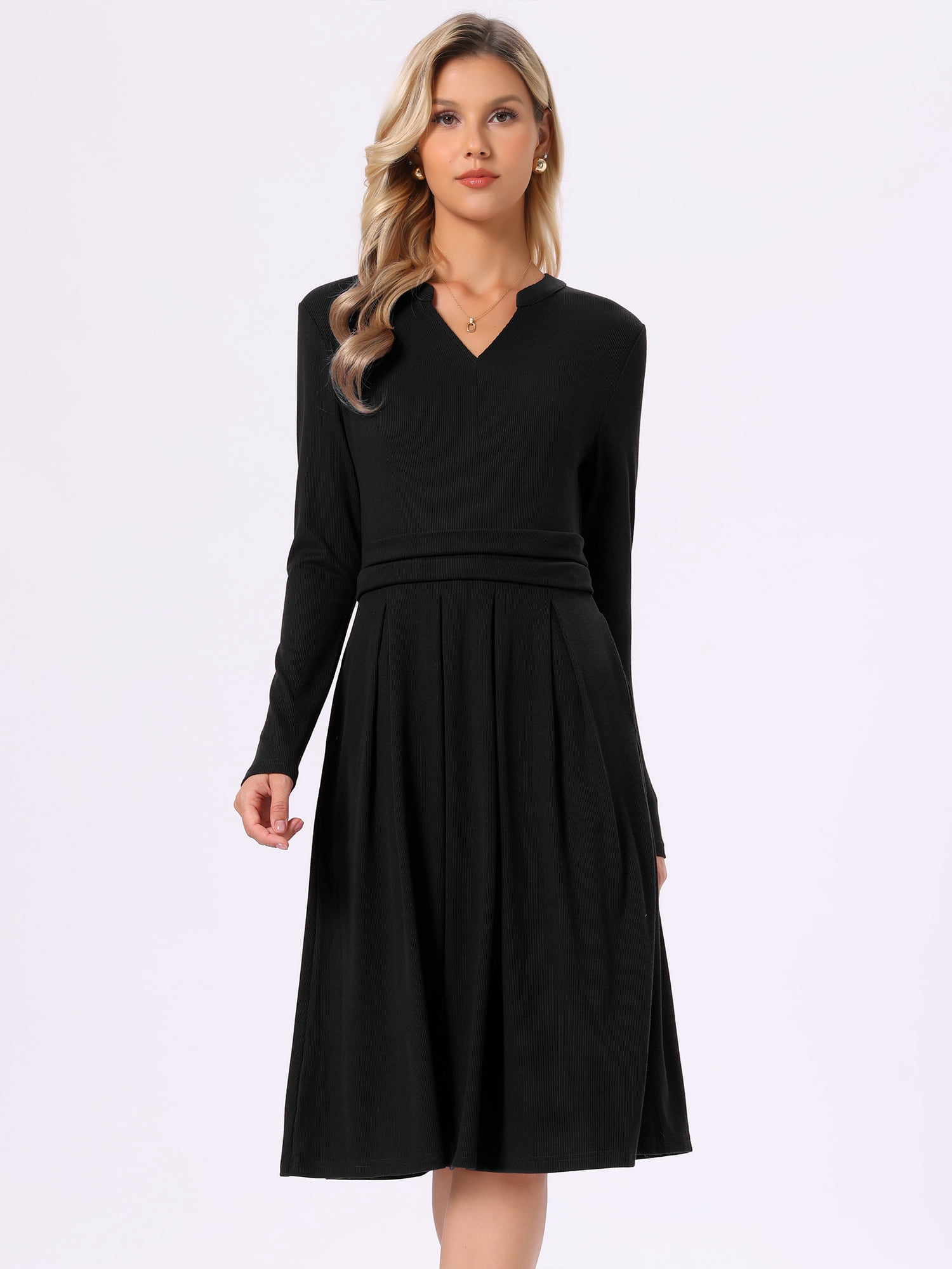 DARING DIVA Women's Knit Dress V Neck Stretchy Knee Length A-Line Dresses XS Black