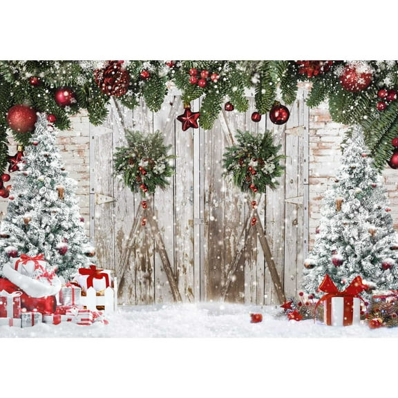 Felortte Polyester 10x8ft Christmas Wooden Door Backdrop White Barn Winter Snow Scene Photography Background for Xmas Party Decoration Banner