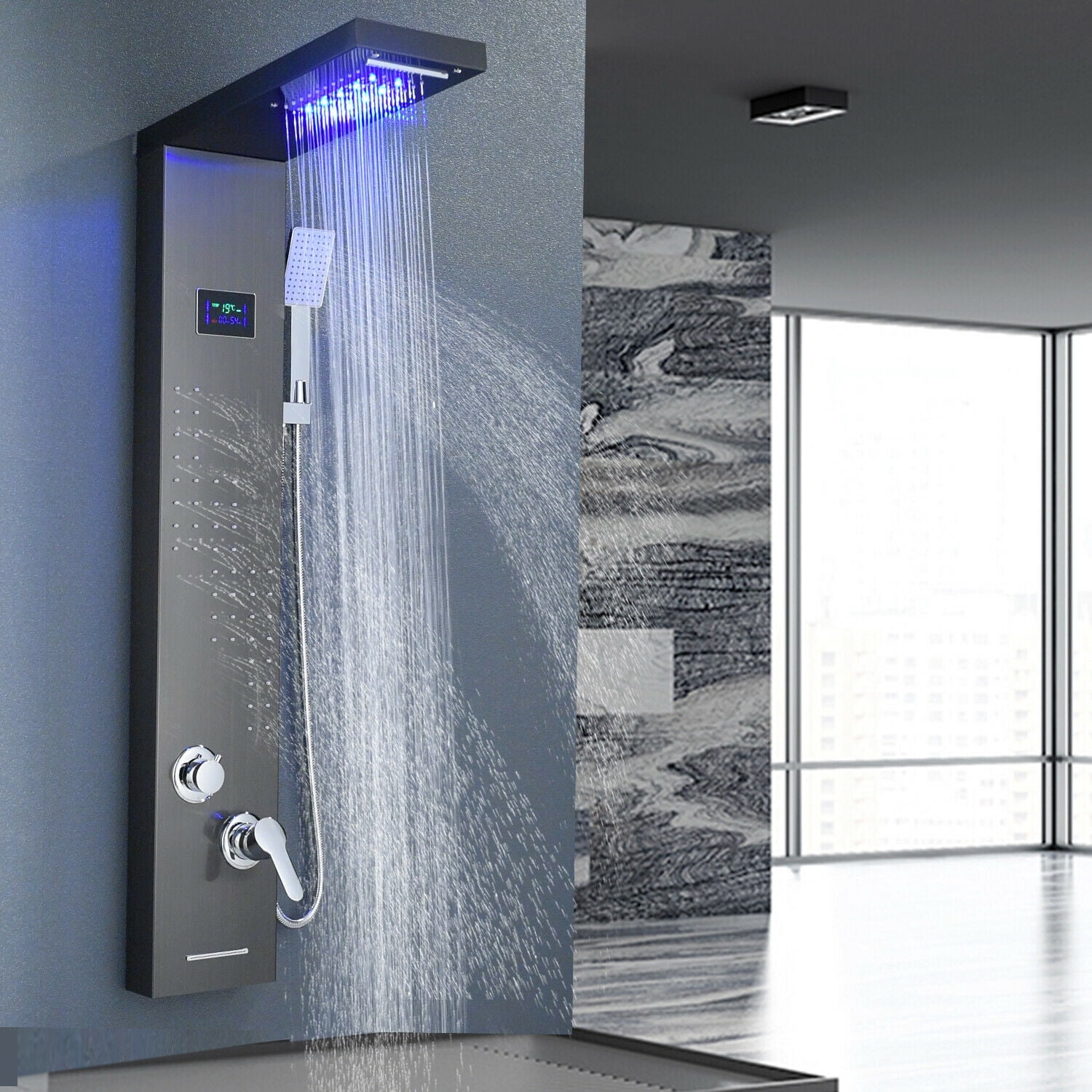 Black LED Shower Panel Tower System Rain&Waterfall Massage Jets Stainless Steel
