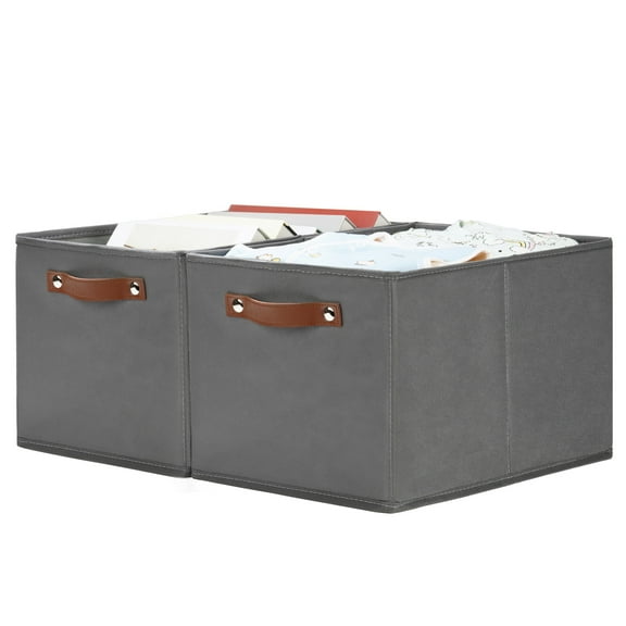 Bidtakay Storage Bins Collapsible Fabric Storage Baskets for Organizing Cube Organizer with Handles 15x11x9.5 Inches 2-Pack Clothes Baskets Linen Storage Bins with Plastic Board Grey