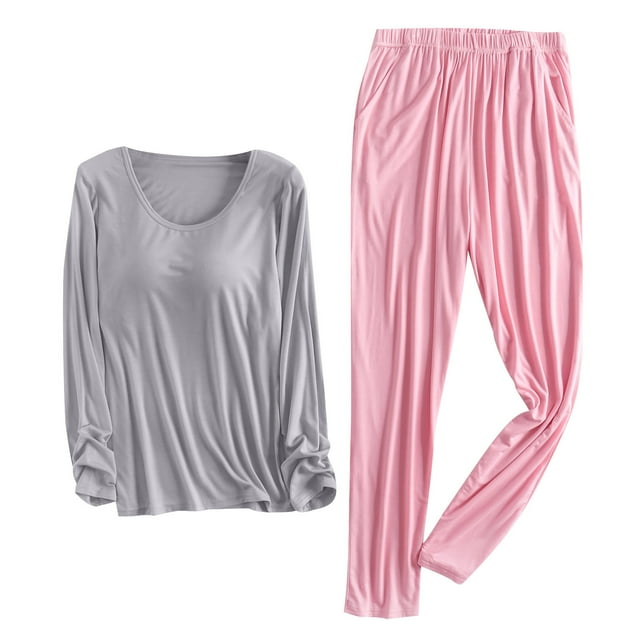 Bowake Pyjamas pour Femmes Ensemble 2 Pcs Col Rond Manches Longues Hauts et Pantalons Ensembles Vêtements de Nuit Pjs avec Coussin de Poitrine