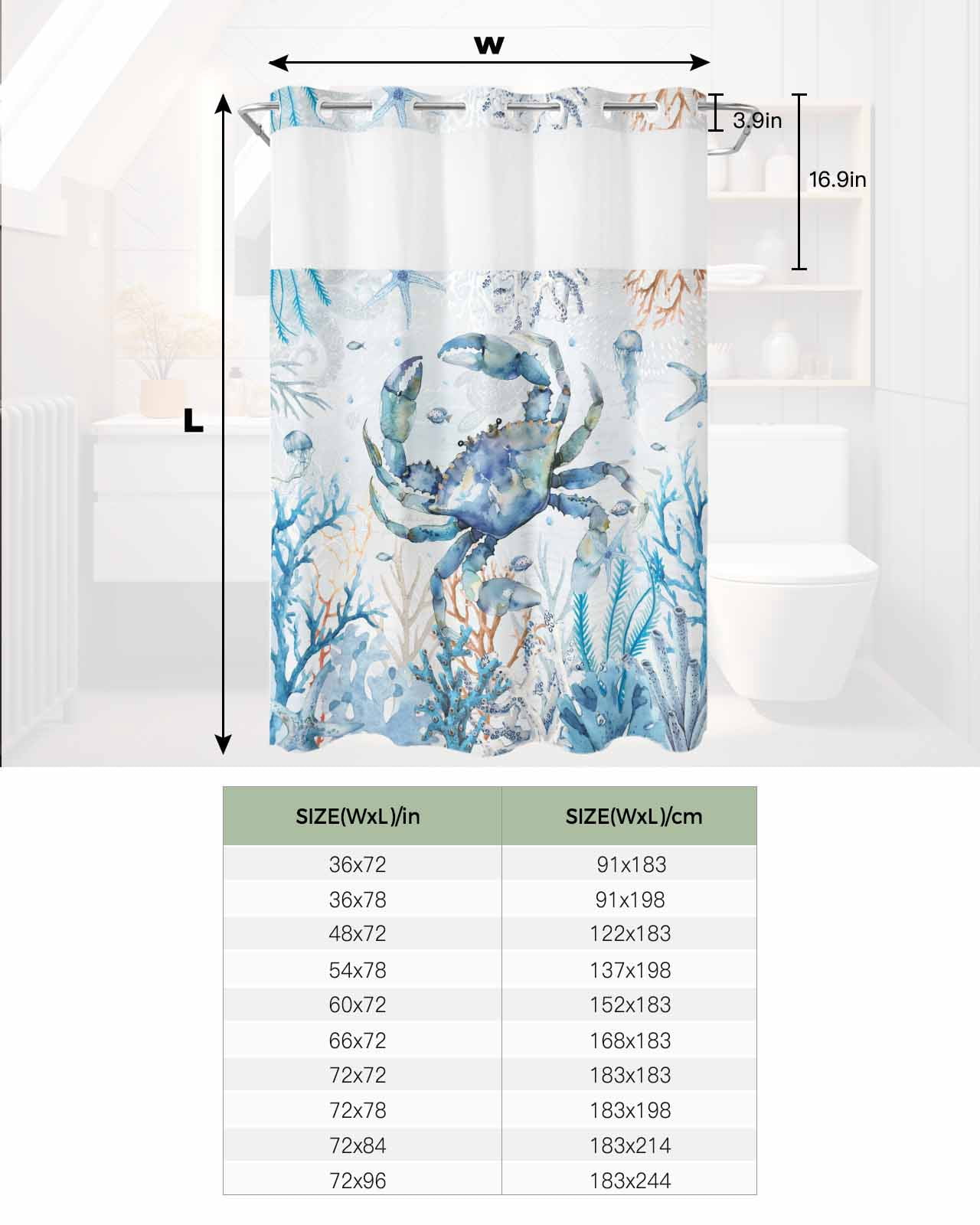 No Hook Shower Curtain with Snap in Liner, Summer Blue Ocean Crab Starfish Coral Jellyfish Watercolor Shower Curtains for Bathroom, Washable Shower Curtain Liner Set with Mesh Top Window, 48"x72"