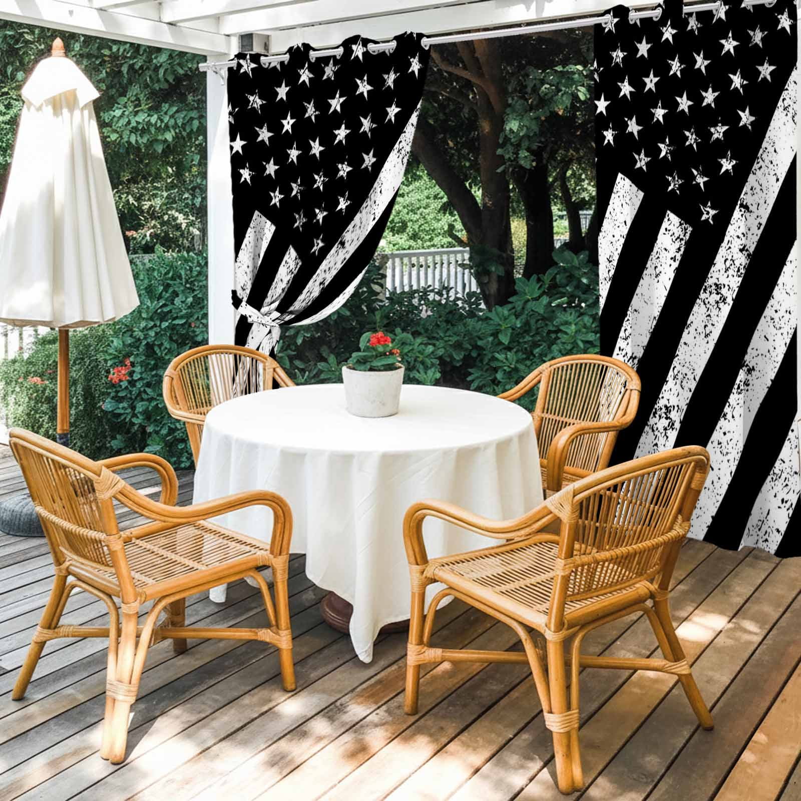 Independence Day Outdoor Curtains for Patio, Vintage Distressed Black and White American Flag Sunshade Privacy Drapes Grommet Waterproof Outside Curtains for Porch/Cabana/Balcony 54"x 108", 1 Panel