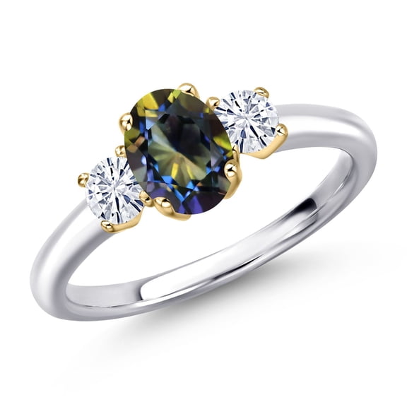 Gem Stone King 925 Silver and 10K Yellow Gold Blue Mystic Topaz and White Moissanite Engagement Ring for Women | 1.27 Cttw | Oval 7X5MM | Gemstone November Birthstone | Size 9