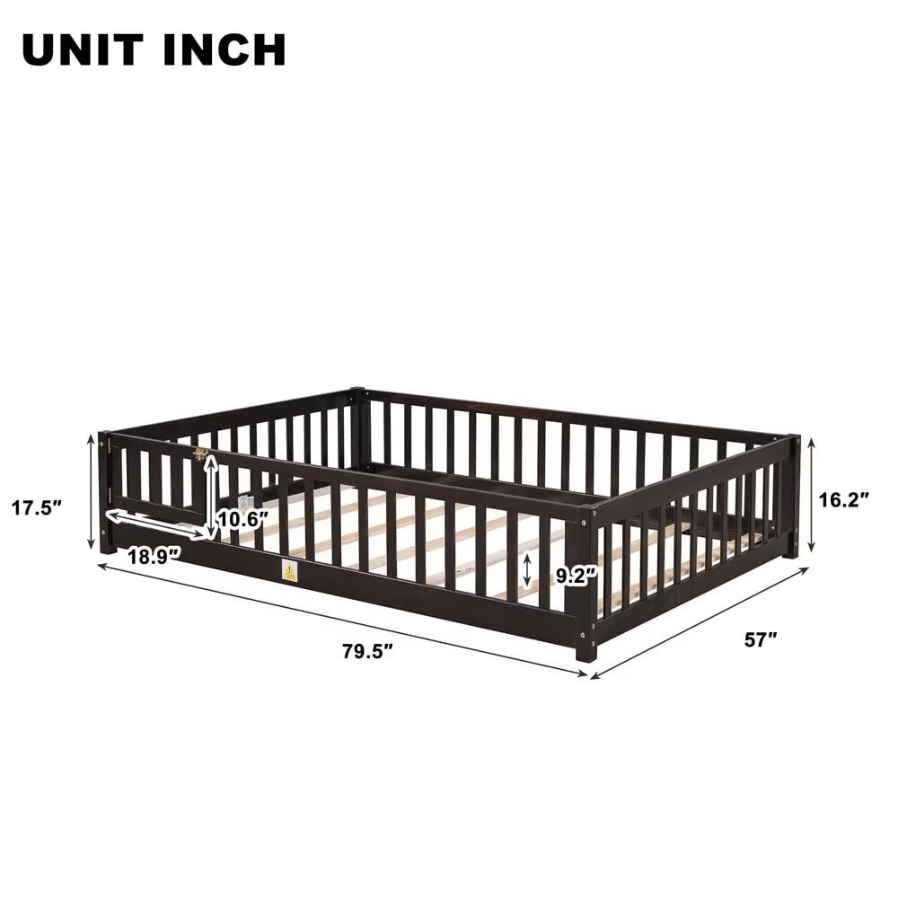 Full Size Floor Bed Frame for Kids Toddlers, Wooden Montessori Bed with 7 Wood Slats, Fence-Shaped Guardrails and Door for Boys Girls Bedroom Playroom, No Box Spring Needed, Espresso