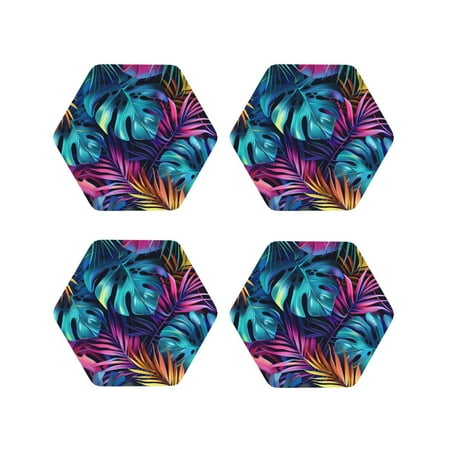 

Honeii Colorful Tropical Leaves Print Leather Coaster Set of 4 Ideal for Safeguarding Your Furniture from Drinks Spills and Effortless Cleanup-Hexagon