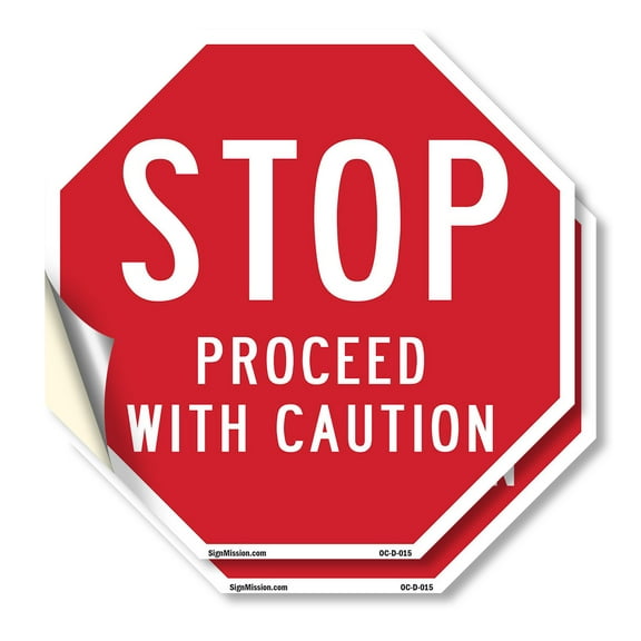 Stop Proceed with Caution (2 Pack) 4 inch X 4 inch Octagon Vinyl Label Decal Sticker Weather Resistant, UV Protected for Workplace, Private Property, and Construction Site, Made in the