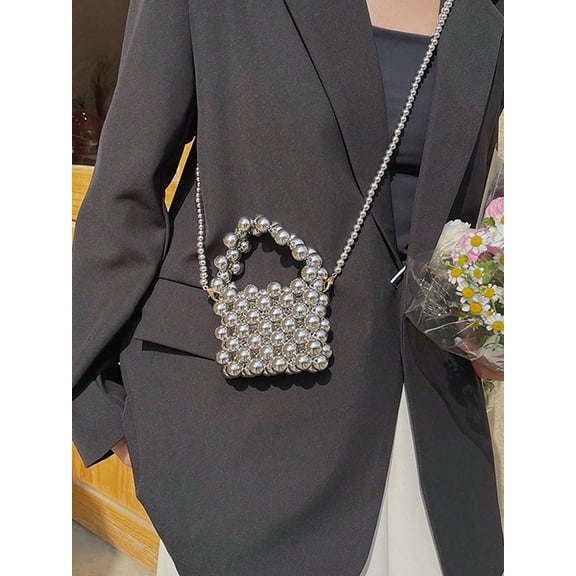 Wynndora Mini Silver Beaded Handbag for Women, Acrylic Bead Top Handle Purse with Detachable Crossbody Chain, Elegant Small Evening Bag for Party Wedding, Silver