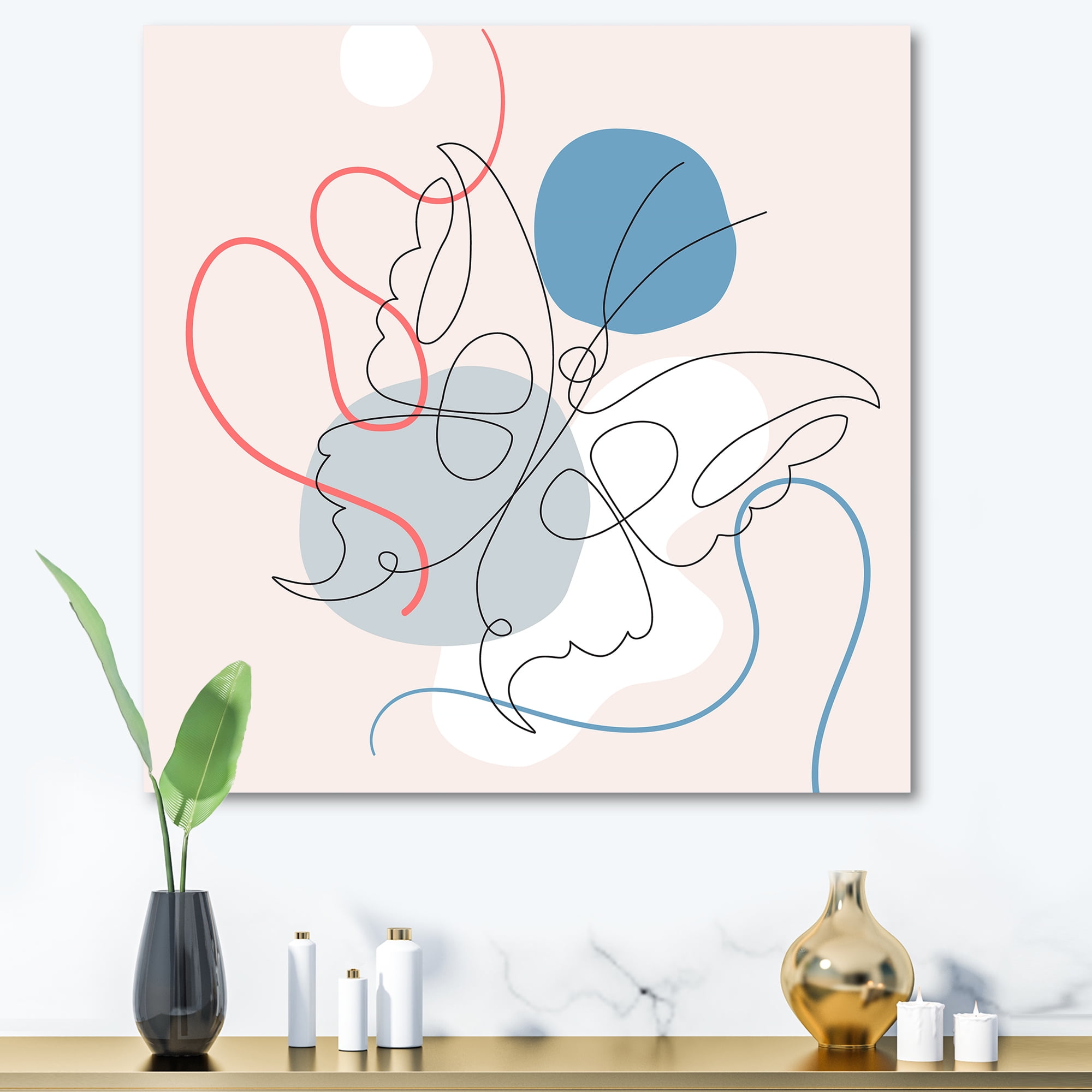 Designart ' Butterfly With One Line Drawing On Cubism Shapes I ' Modern Canvas Wall Art Print