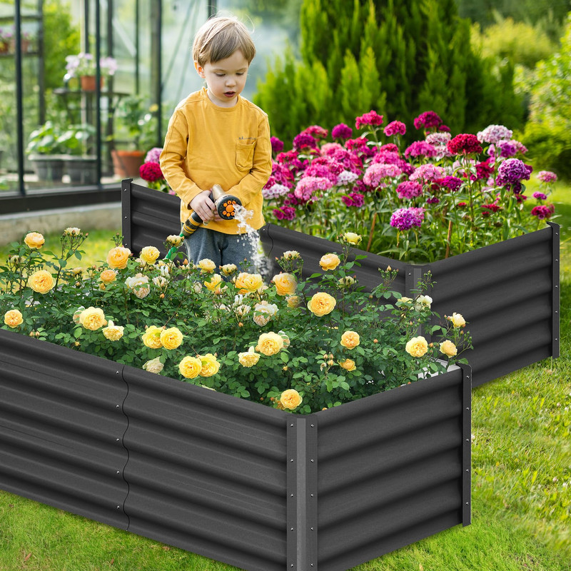 Towallmark 6x3x1.5FT 2 Pcs Raised Garden Bed Outdoor, Large Planter Boxes with Open Base Safety Edge, for Vegetables Flowers Ground Planting, Includes Glove, Dark Grey