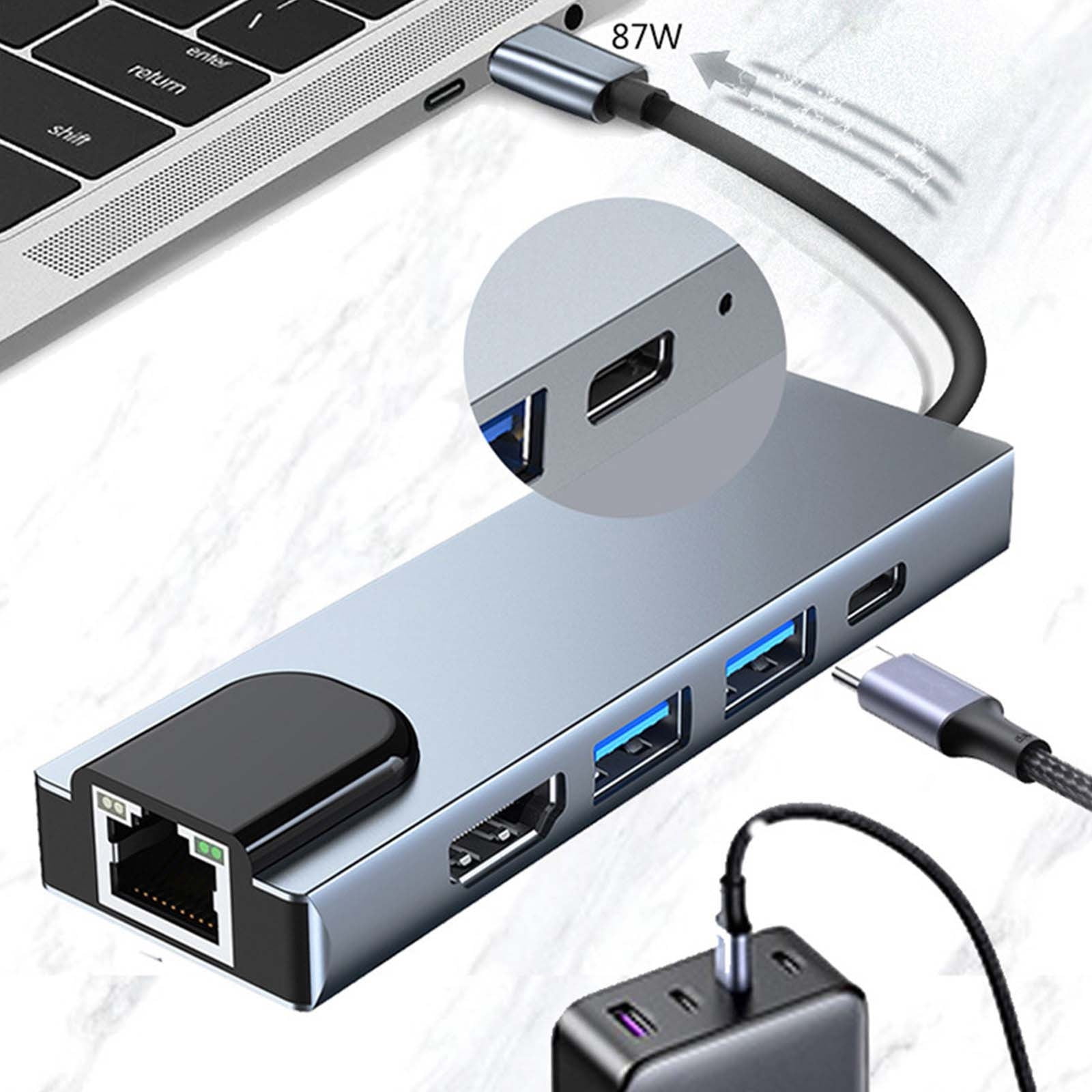 5 in 1 Type C Network Hub Adapter, USB C to HDMI USB 3.0 USB 2.0 RJ45 Ethernet PD Charging, Aluminum Alloy for Laptop