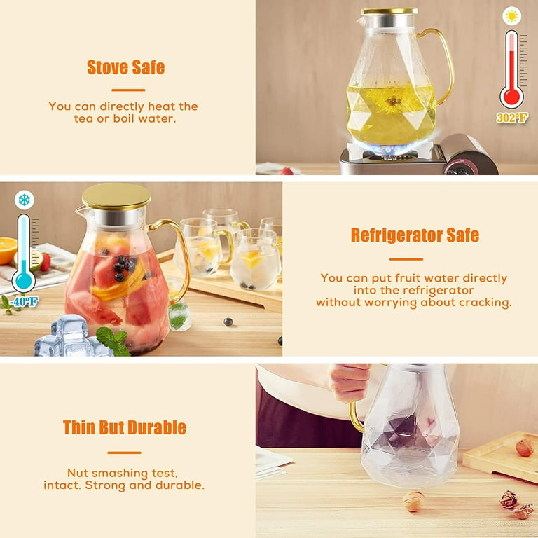 1 Liter Glass Carafe - Drink Pitcher & Elegant Wine Carafe Decanter -  Carafe Set of 6 - Mimosa Bar Carafes & Juice Glasses - Easy Pour Bottle