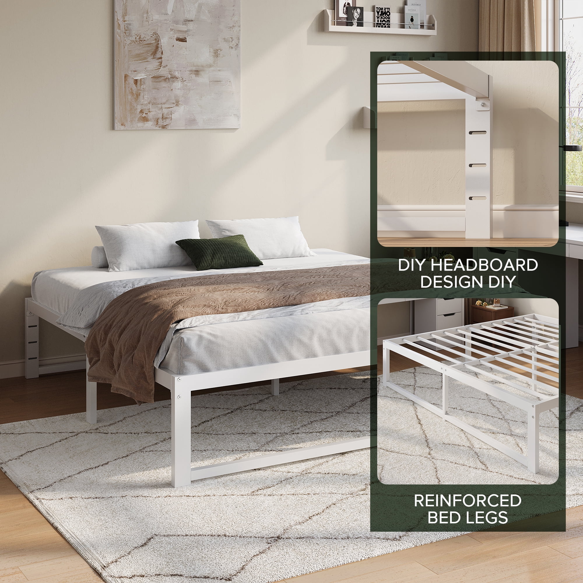 Einfach 14" King Bed Frame, Heavy Duty Metal Slat Platform with Ample Underbed Storage, Noise Free, White