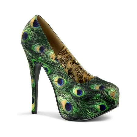 womens blue and green peacock shoes with concealed platform and 5.75 inch heels