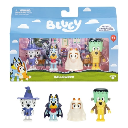 Bluey Halloween 4 Pack, 2.5 inch Figures, Bluey, Bingo, Chloe and Lucky , Ages 3 , Toddler Toys