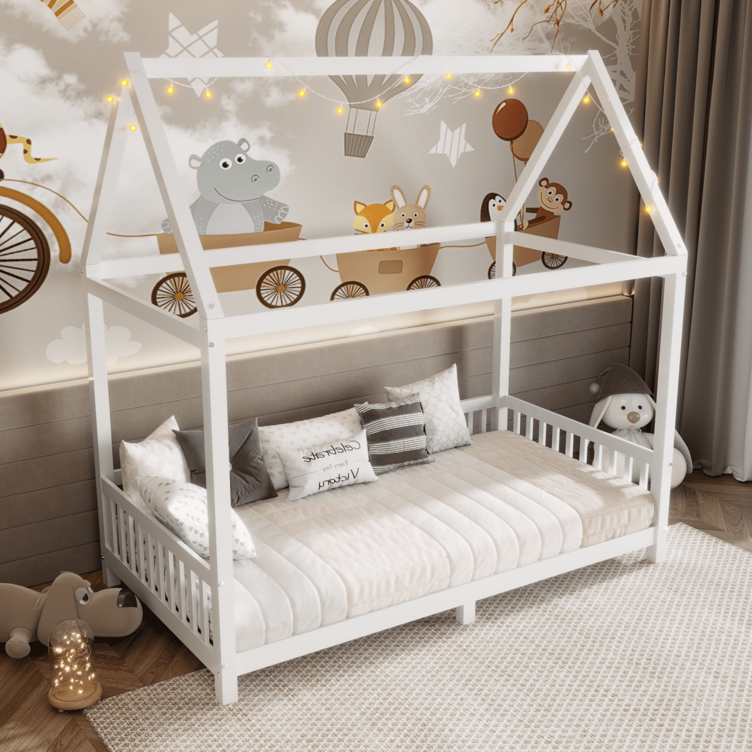 Harper & Bright Designs Wood House Bed Twin Size Floor Bed with Fence, Twin Montessori Bed Frame with LED Light for Girls & Boys, White