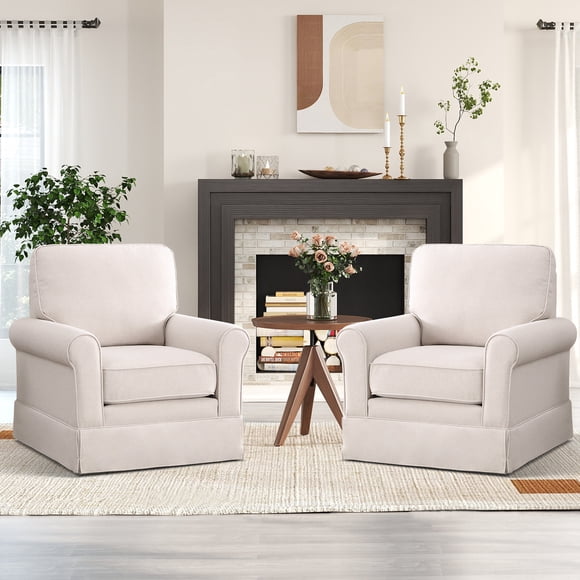 Bonzy Home 360° Swivel Accent Chair Set of 2, Modern Armchair with Thick Padded Backrest & Seat Cushion, Fabric Upholstered Arm Chairs for Reading, Single Sofa Chairs for Living Room, Bedroom, Beige