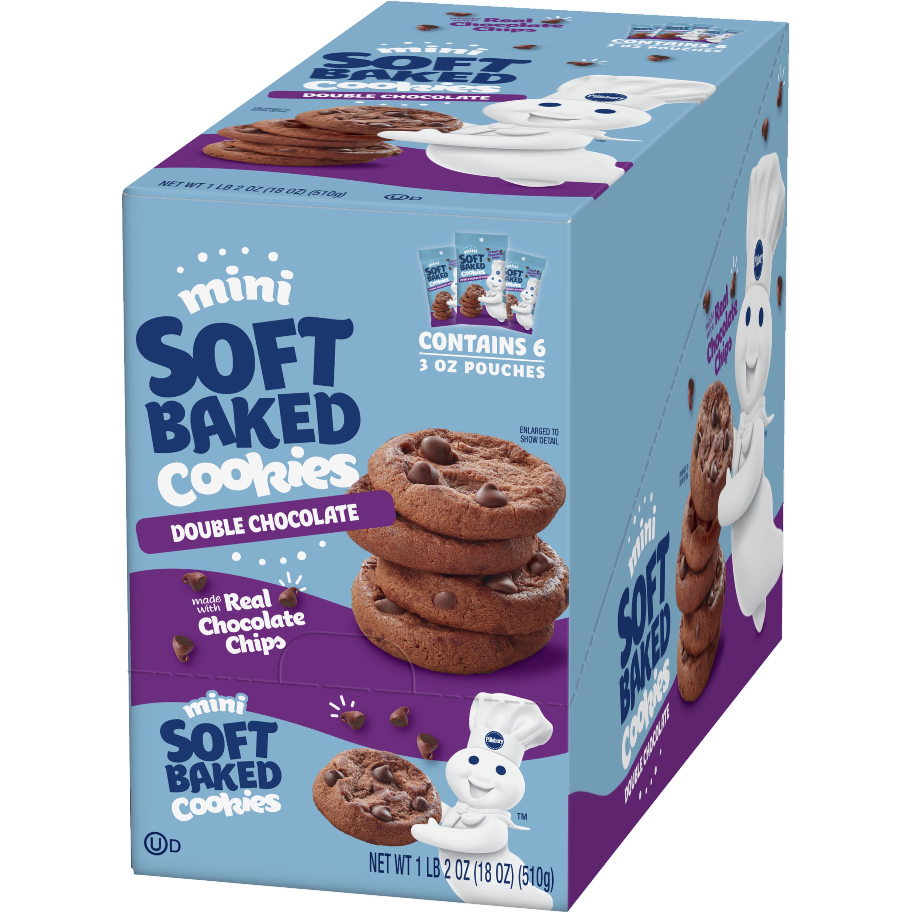 Pillsbury Mini Soft Baked Cookies, Double Chocolate, Snack Bags, 6 ct