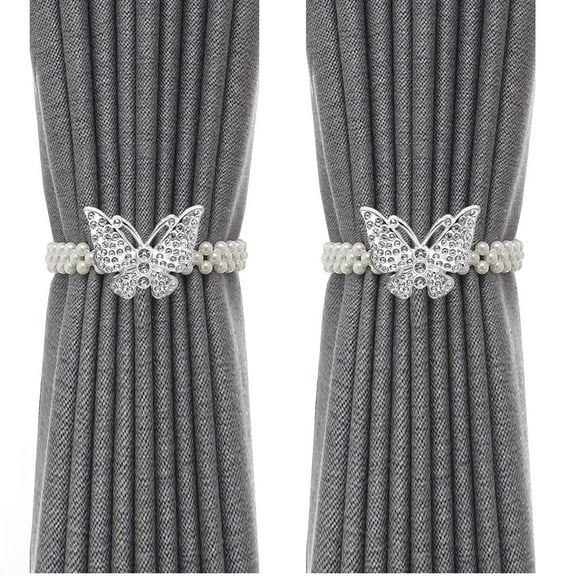 Pearl Elastic Butterfly Curtain Tiebacks, Curtain Tie Backs for Curtains 2 Pack, Curtain Holders for Boho Bedroom Decor,Farmhouse Decor，Silver