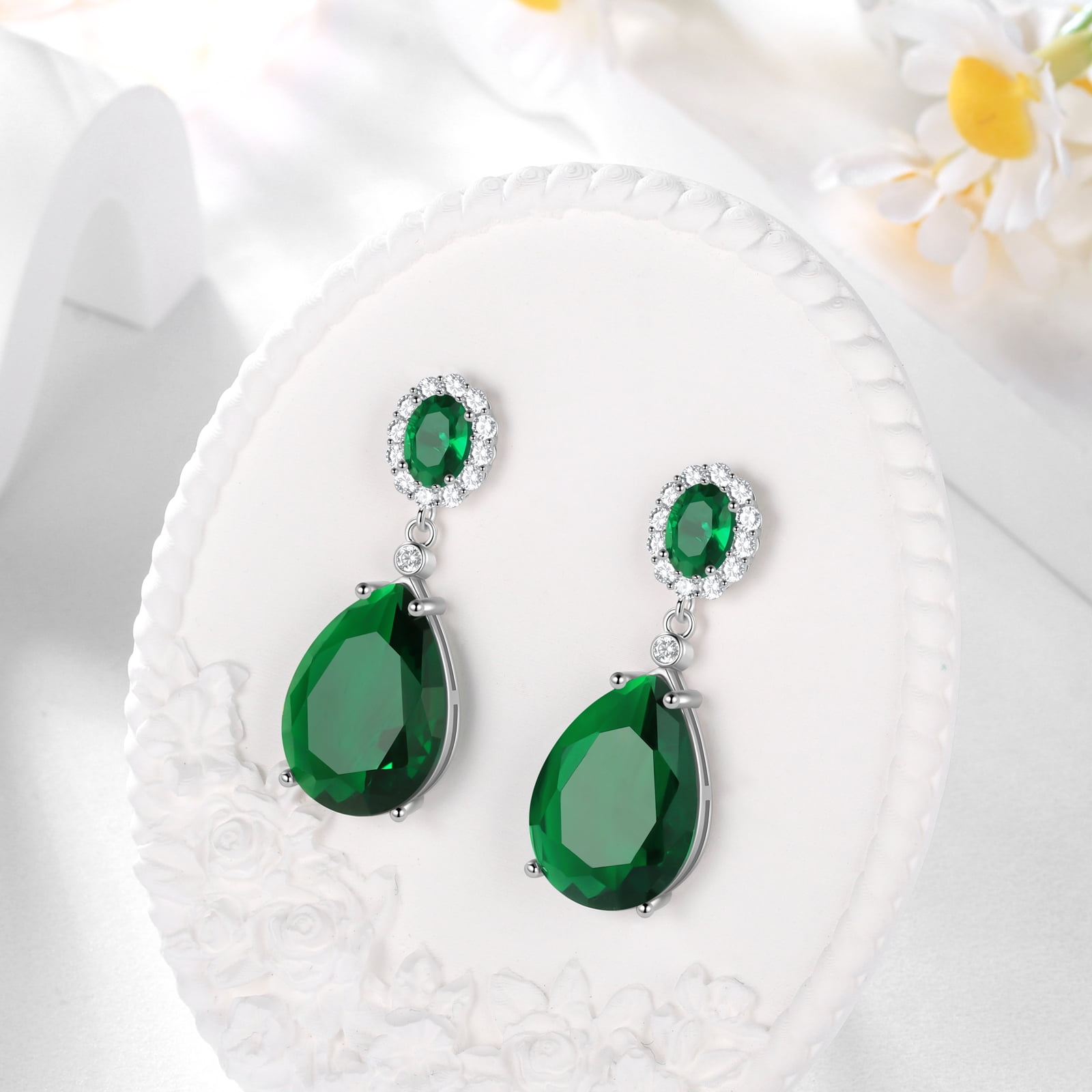 Juwaliy 10Ct Women Teardrop Dangle Earrings May Birthstone Emerald Green 925 Sterling Silver Jewelry Mom Grandma Birthday Mother's Day Gift