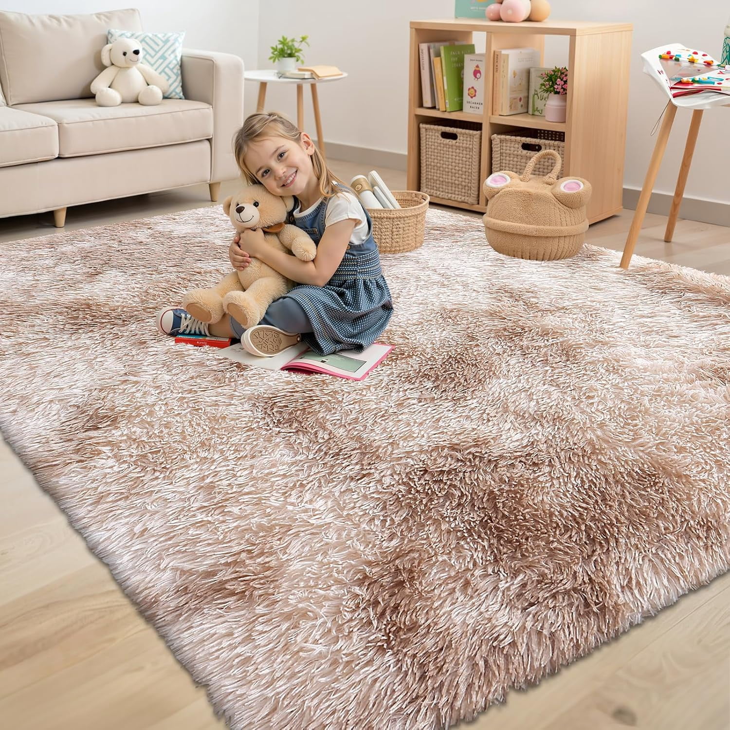 Buganda Soft Shag Area Rug, Washable Non-Slip Rug for Living Room Bedroom, Modern Decor Carpet, 8'X10', Beige