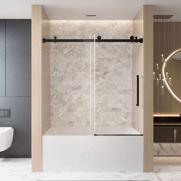 56-60"W x 60"H Frameless Sliding Shower Door, 1/4" Clear Tempered Glass, Matte Black