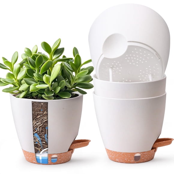 T4U Self Watering Pots 6 Inch 4 Pack, Plastic Planters with Water Level Window and Wick Rope for Bu