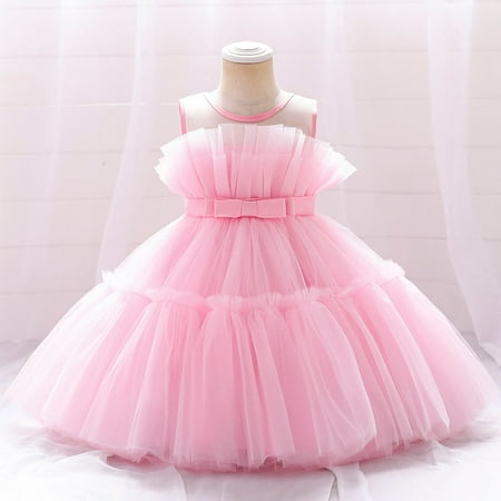 

cllios Toddler Girls Net Yarn Embroidery Rhinestone Bowknot Birthday Party Gown Long Dresses