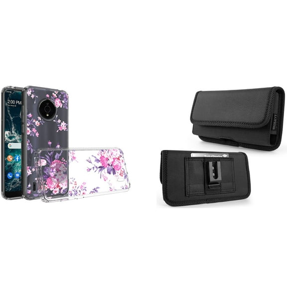 Case and Pouch Bundle for Nokia C200: Slim Series TPU Protector Case (Pink Flowers) and Horizontal Rugged Nylon Belt Holster