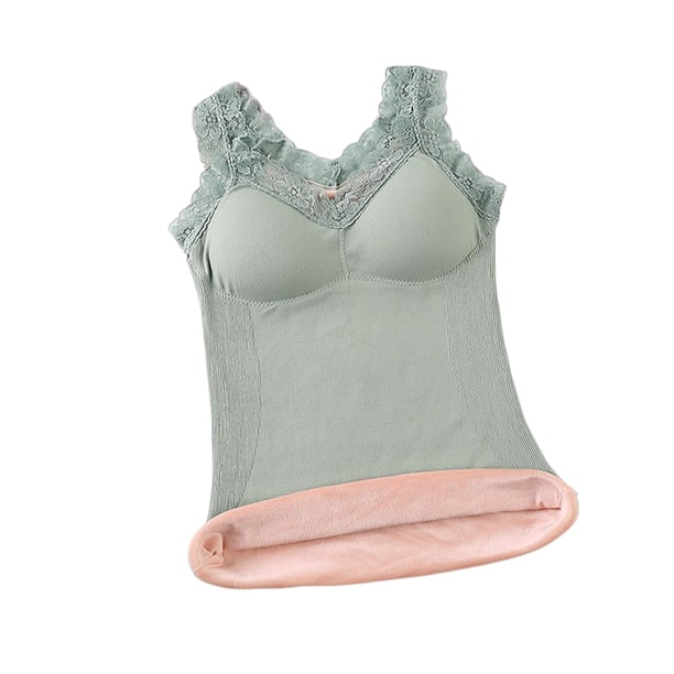 Jumpingount Invierno otoño mujer encaje cuello en V ropa interior cálida Chinlon Lencería diseño Simple capa Base chaleco Bottoming Tops ropa Camisetas sin mangas Verde 37.5-65 kg Jumpingount AP013549-03