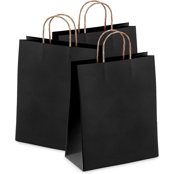 Bolsas de papel Kraft negras de 8" x 4,75" x 10,5" a granel. Paquete de 50 bolsas de compras pequeñas con asas. Bolsas de papel recicladas artesanales sin logotipo para pequeñas empresas; venta