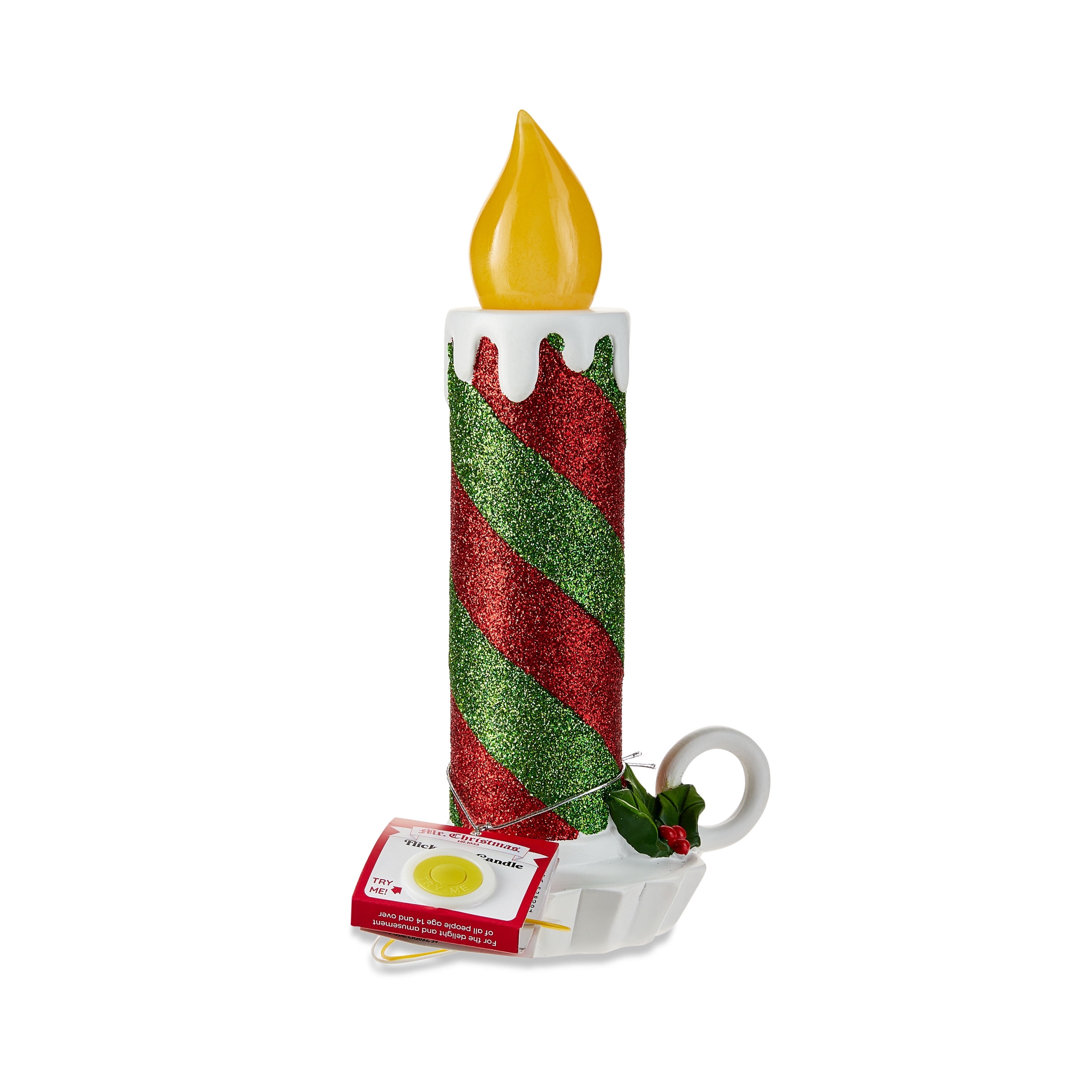 Mr. Christmas Bougie décorative à rayures rouges et vertes scintillantes de 10 po Mr. Christmas Bougie pailletée rayée rouge et verte de 10 pouces