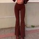 thumbnail image 2 of Mujeres Flare Pantalones de Talle Alto Color Puro Rayas Largas Bell Bottom Salón para el Partido Diario Trabajo Marrón M, 2 of 6