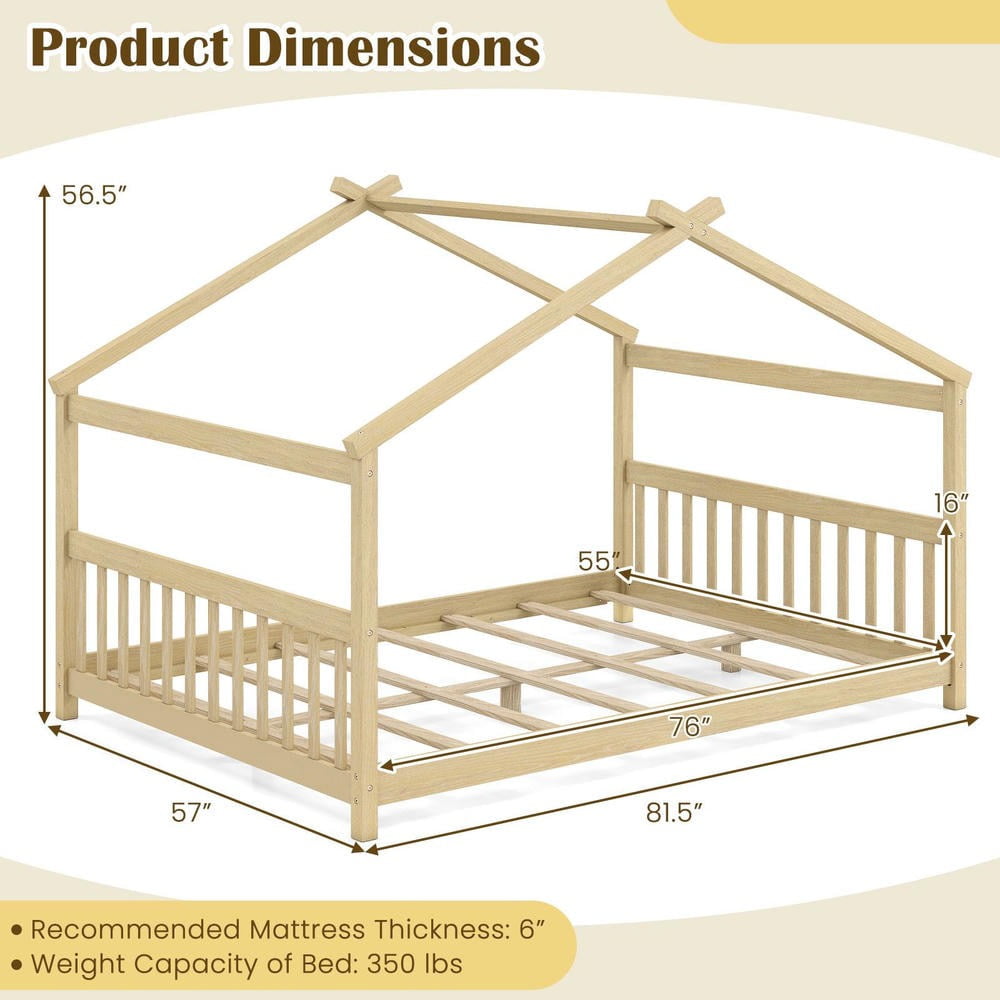 Barara King Full Size House Bedroom Bed Frame with Headboard, Montessori Floor Bed Platform Frame for Apartment, Bedroom, Natural