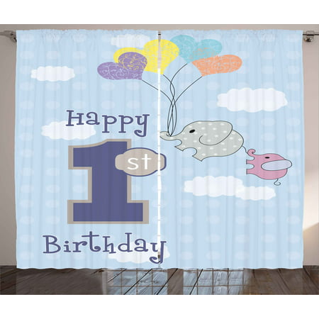 1st Birthday Decorations Curtains 2 Panels Set Elephant In The Sky