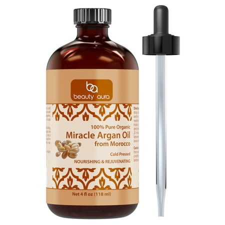 Beauty Aura 100% Pure Organic Miracle Argan Oil From Morocco, 4 Fl Oz Cold Pressed From Nuts of the Argan